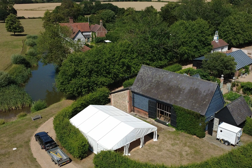 Frame marquee set up on a farm venue in Essex